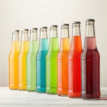 Colorful Bottles of Carbonated Drinks in a Row on Wooden Table with Refreshing Beverages