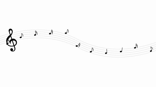 Musical Notes Animation on Wavy Staff Line with Treble Clef Over White Background