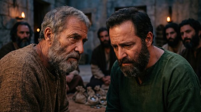 Apostles and believers in biblical scene with money bags. Early Christian community sharing possessions for common good. Historical drama depicting Acts of the Apostles in ancient setting.