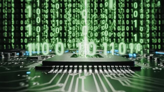 Digital Matrix Binary Code Flowing Over Futuristic Circuit Board Technology.