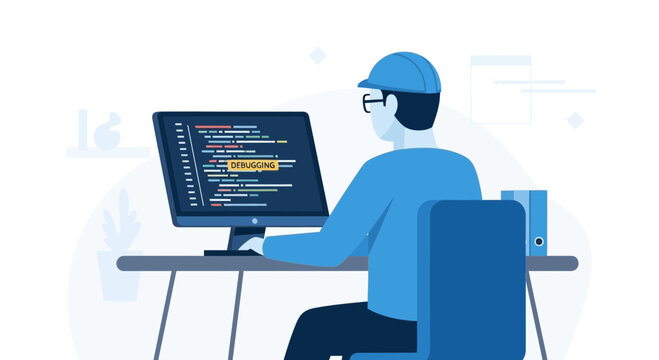Programmer Working on Computer, Coding Software, Developer Desk Setup, Technology Concept