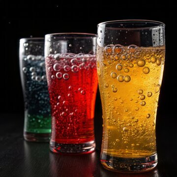 Colorful Beverages in Transparent Glasses with Bubbles on Dark Background