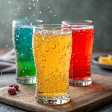Sparkling Colorful Drinks with Bubbles on a Wooden Table in a Cozy Setting