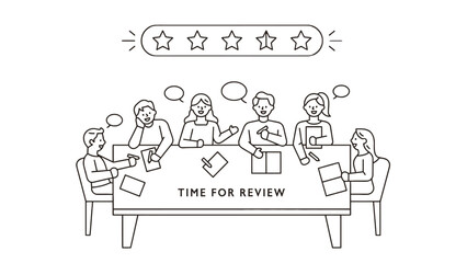Obraz premium Group of people sitting at a table for a review meeting with rating stars above