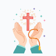 Fototapeta premium Hands Holding Rosary Beads Towards Glowing Cross
