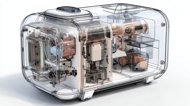 A hybrid cross-section of an electric kitchen composter in the style of patent drawings, combining semi-realistic visualization with technical lines, a transparent outer shell