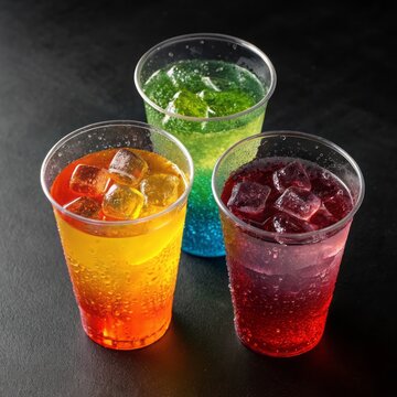 Colorful Fizzy Drinks with Ice Cubes in Clear Cups on Dark Background