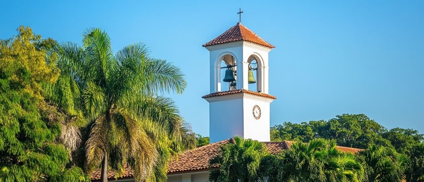 White bell tower with palm trees under a blue sky