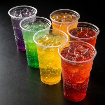Colorful Collection of Refreshing Sparkling Drinks in Transparent Plastic Cups on Black Background