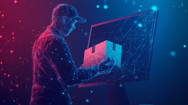 logistic shipping man hold box package monitor screen online shopping digital low poly wireframe concept