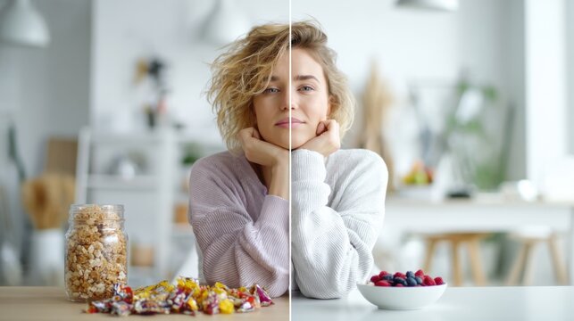 Healthy eating concept split screen woman comparing junk food and fresh breakfast for wellness, lifestyle design,Polyphenol Day