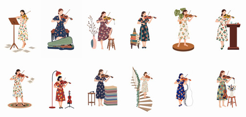 Fototapeta premium Vector illustration set of diverse women in floral dresses playing the violin in various indoor settings, perfect for music and lifestyle themes.