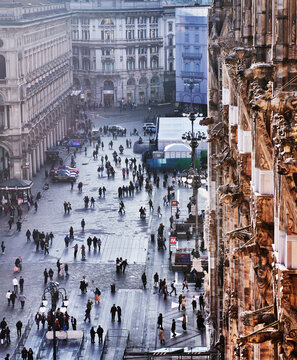 Aerial view of the bustling Piazza del Duomo, Milan, Italy, Europe 