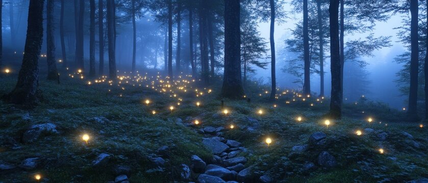 Magical forest path at twilight illuminated by soft lights mystical atmosphere nature scene
