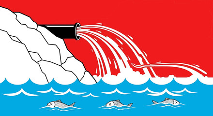 Industrial water pollution illustration with a pipe discharging waste into the sea and dead fish floating on the surface © Mamun