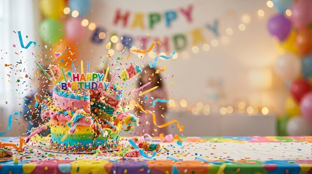 Colorful birthday cake explosion with flying sprinkles and confetti, vibrant motion, soft lighting, copy space