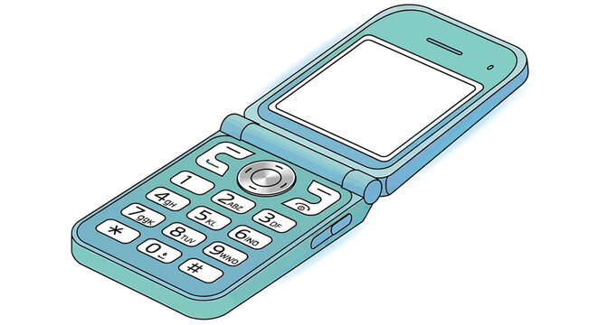 Illustration of a classic teal flip phone with a blank screen