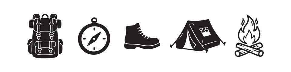 Fototapeta premium Collection of black and white camping icons including a backpack, compass, hiking boot, tent, and campfire. Hand-drawn silhouette style for outdoor adventure and travel themes.