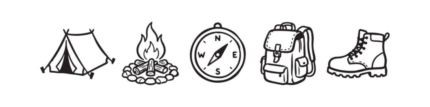 Set of Hand-Drawn Camping and Hiking Icons: Tent, Campfire, Compass, Backpack, and Hiking Boot