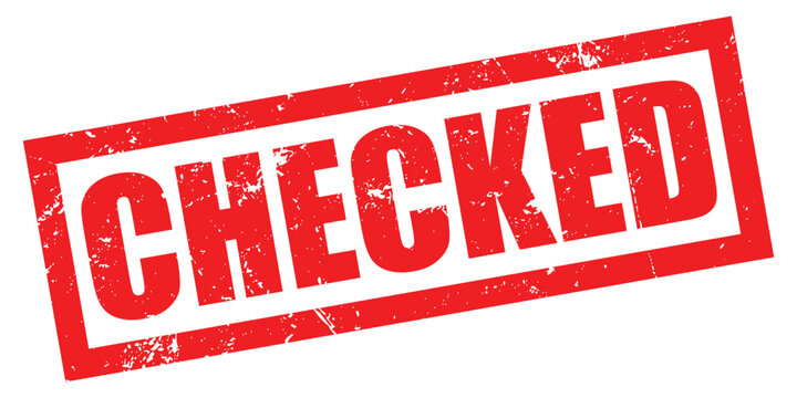 A red checked stamp on a white background with a distressed texture