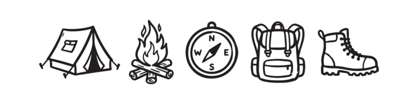 A professional set of camping and hiking icons featuring a boot, tent, campfire, backpack, and compasses in black silhouette and outline styles for outdoor adventure design.
