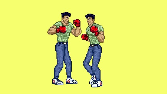 Pixel art animation of an old fighting game with two men wearing boxing gloves fighting and getting punched in the face with a yellow background, art, vintage, pixel.