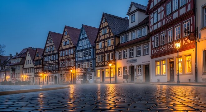 Nighttime view of traditional half-timbered houses along a wet street