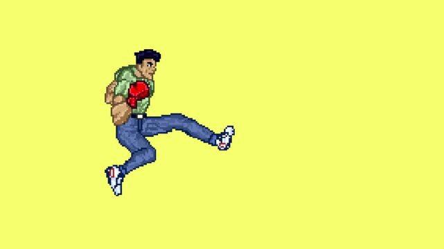 Pixel art animation of an old fighting game with a man wearing boxing gloves jumping and kicking on a yellow background, art, vintage, pixel.