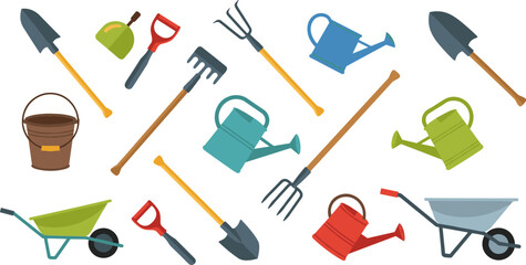 Vector Set of Gardening Tools Including Shovels, Watering Cans, Buckets, Rakes, and Wheelbarrows for Outdoor Work © Abdul