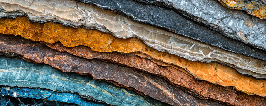 Layered colorful rock formation with textured surfaces showing natural patterns and mineral veins in earthy tones and blue shades