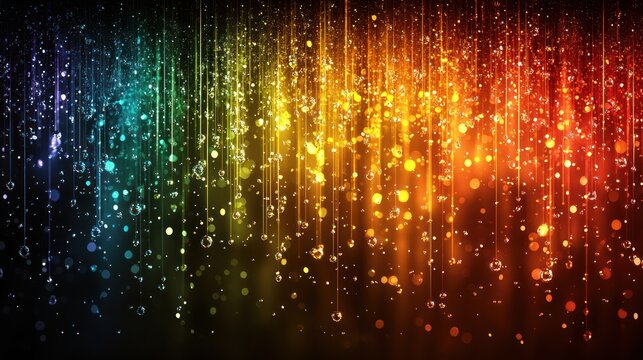 Vivid rainbow hues emanate from dark background, vertical streaks blend with effervescent bubbles