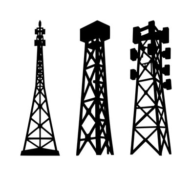 Signal tower set with solid black icon on white background featuring edge computing, signal tower, icon graphic with black and white and vector illustration