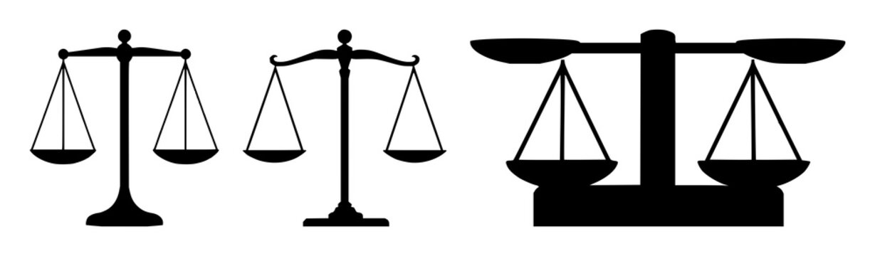 Ethical AI balance scales set with solid black icon, white background featuring balance, scales, AI symbol with justice and technology
