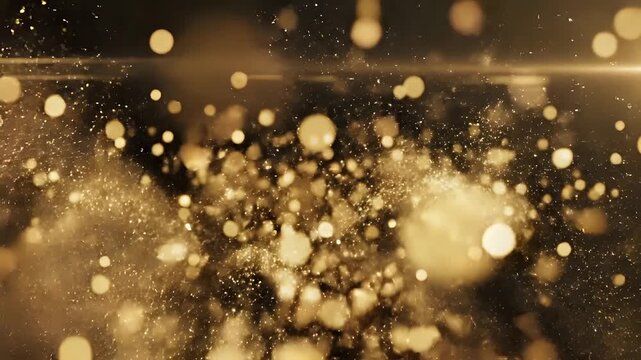 Golden Glittering Particles and Bokeh Lights Abstract Background.