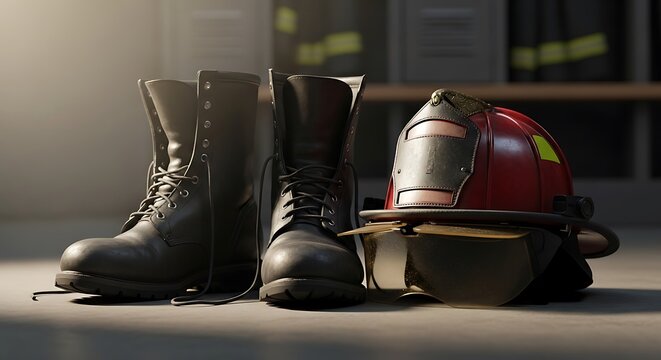 A pair of firefighter boots and helmet, symbolizing bravery and dedication to duty, set against a blurred background of a fire station