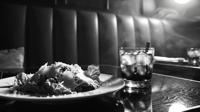 Black and white close up of caesar salad and cocktail drink on a shiny restaurant table with a dark interior