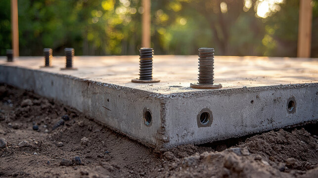 Concrete foundation slab with metal bolts embedded in soil outdoors during sunset, construction base for building support