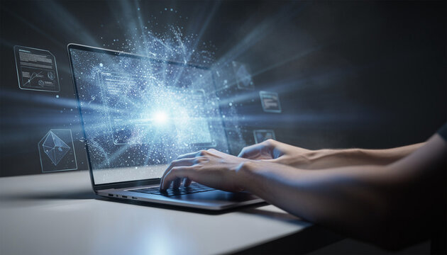 Laptop emitting powerful AI light with human hands, dramatic futuristic technology concept