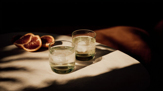 close-up of two glasses of water and simple breakfast remains on a terrace table after a shared morning