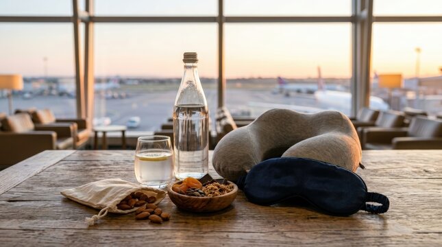 Object only tabletop arrangement of wellness snacks water and sleep accessories