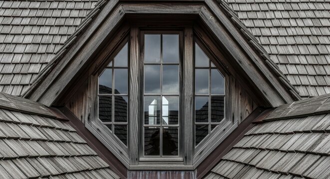Octagonal Attic Window With Dark Wooden Mullions Set Within Shingled Roof