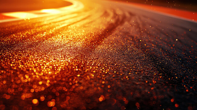 Glowing orange road surface with sparkling light reflections and curved path creating warm, dynamic atmosphere in evening