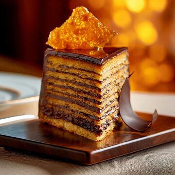 Slice of traditional Dobos torte cake with chocolate and caramel