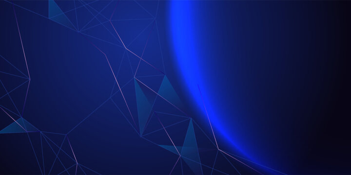 Abstract tech background with low poly wireframe elements. Space technology background in blue. Dark technology bg. Polygonal digital planet in outer space. AI technology concept. Vector illustration