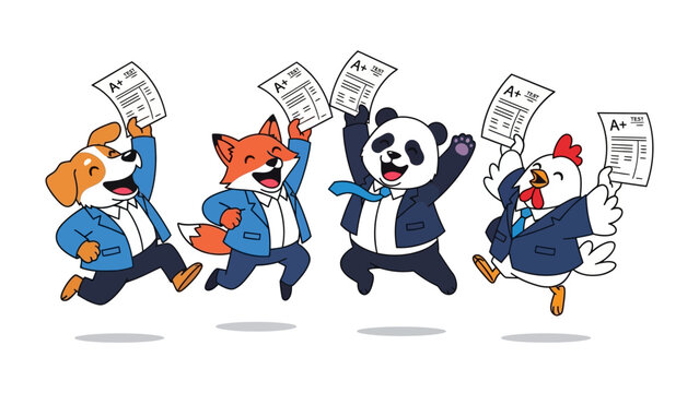 Animated Triumph: A joyful quartet of animal characters celebrates academic success, holding up A+ grade papers with beaming smiles. 