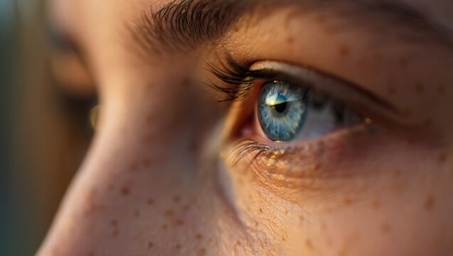 A young girl with striking blue eyes and scattered freckles across her face, captured in a close-up portrait that highlights her natural beauty and innocence.