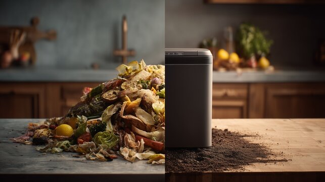 Split-screen composition: left side messy pile of food waste on kitchen counter, right side clean electric kitchen composter with finished soil-like compost