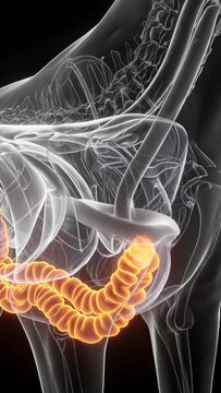 Anatomical dog's intestinal system, rendered in a translucent style reminiscent of an x-ray. The dog eats and the food passes through the esophagus into the stomach.