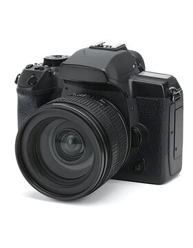 Black digital camera with lens.