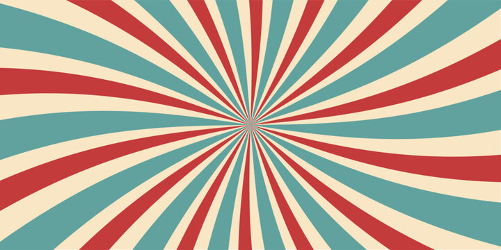 Circus or carnival rays background layout with vector grunge texture. Retro spiral pattern with red, white and blue radial stripes of vintage circus, carnival, fair or chapiteau big top tent